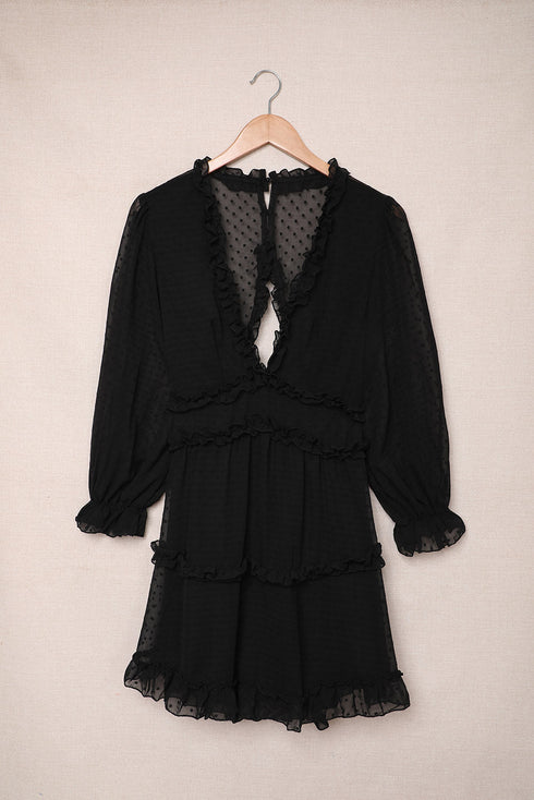 Layered Ruffled Open Back Puff Sleeve Swiss Dot Mini Dress